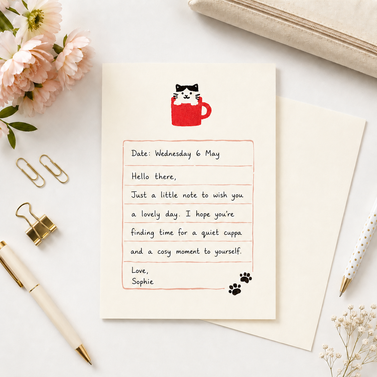 Furukawashiko Cat in a Mug Letter Set Japanese Mino Washi Paper