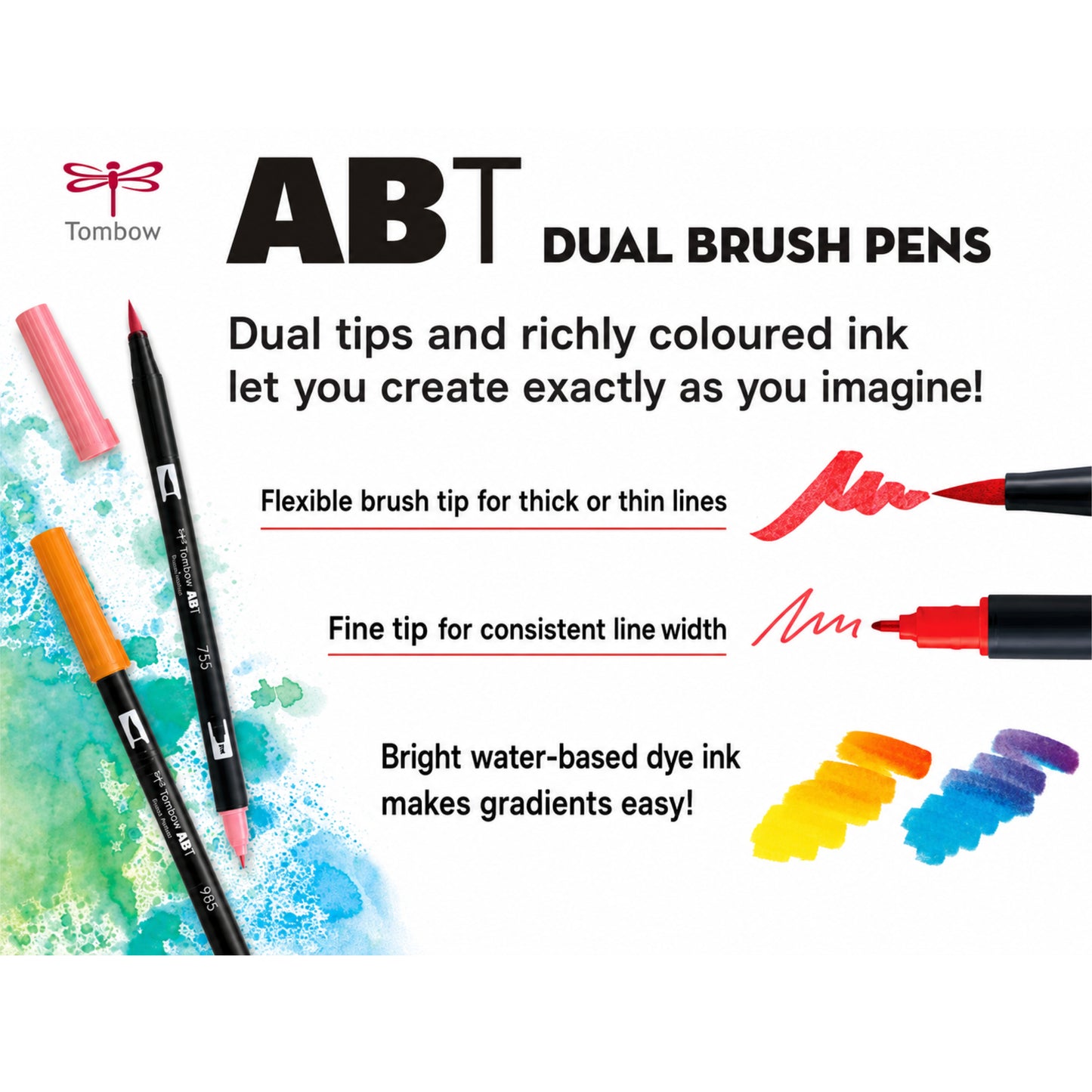 Tombow ABT Dual Brush Pens Water Based Dye Ink - 12 Pieces Pastel
