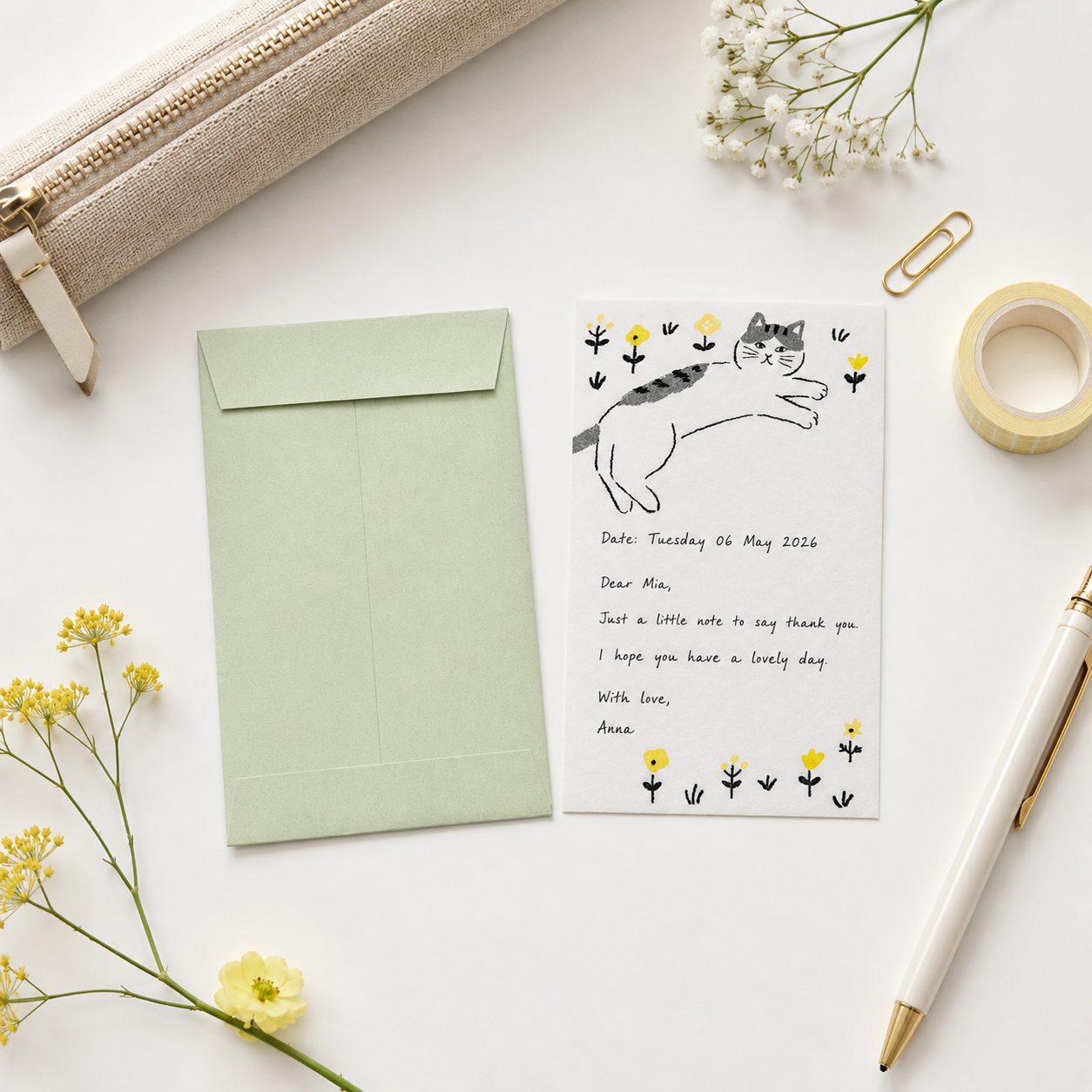 Furukawashiko Cat with Yellow Flowers Letter Set Japanese Mino Washi Paper