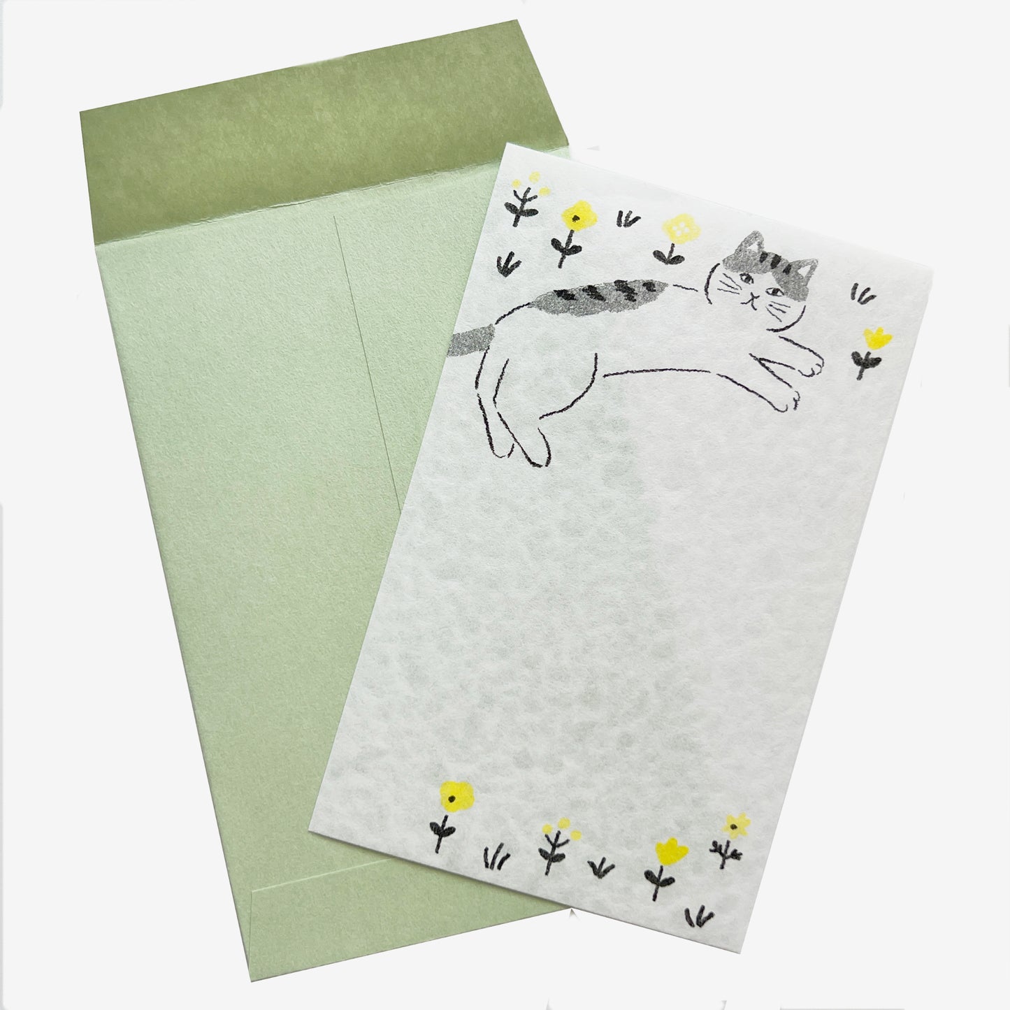 Furukawashiko Cat with Yellow Flowers Letter Set Japanese Mino Washi Paper